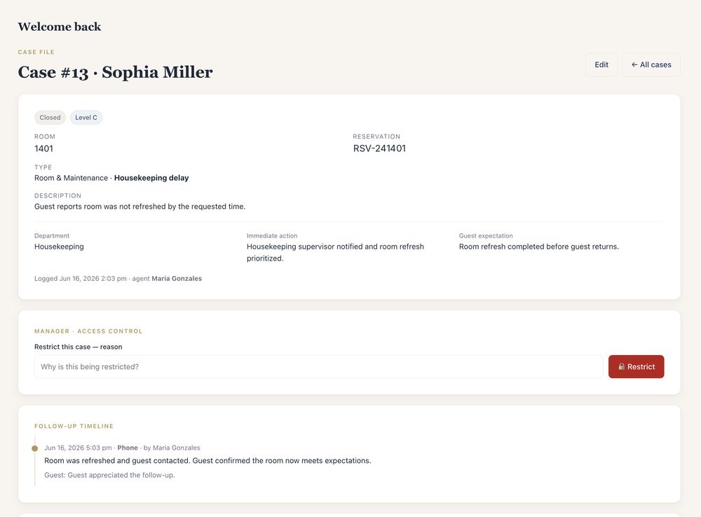 A MyHotelCare case file showing room and reservation, issue type and description, department and immediate action, manager access control and the follow-up timeline
