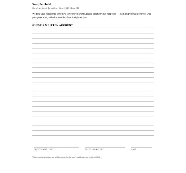 The Guest’s Version of the Incident page, with lined space, signature and date
