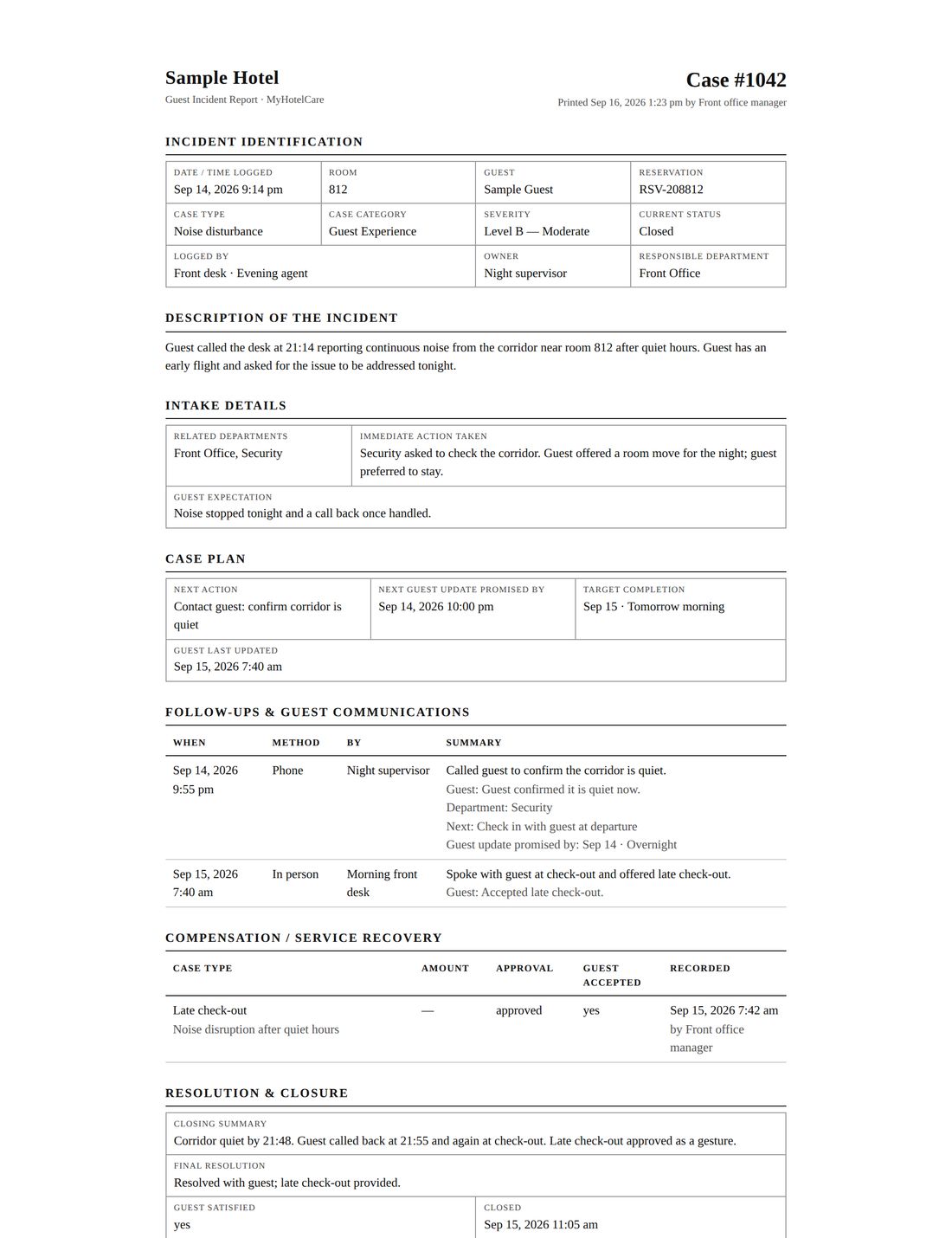 First page of a printable MyHotelCare Guest Incident Report